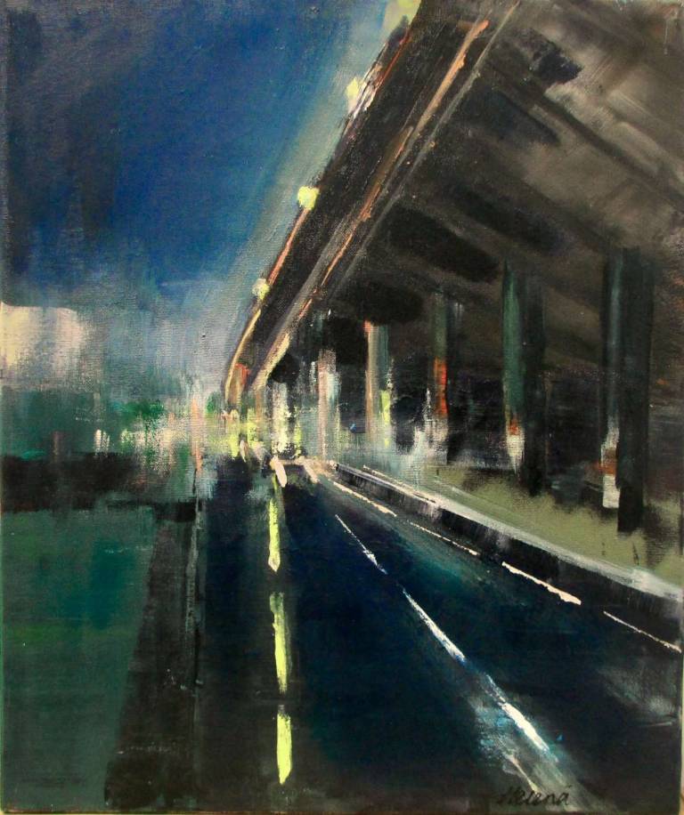 West London Motorway, Late Evening. Framed in vintage 1950s gold frame - Helena Butler