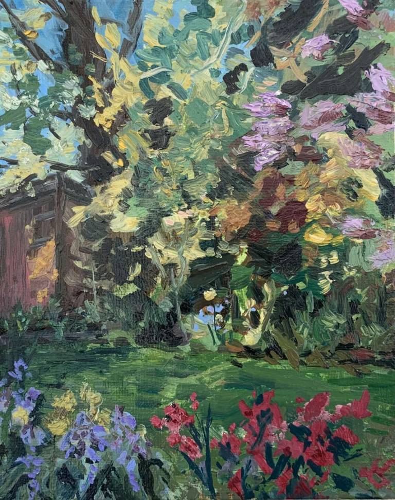 Lilac with blue and pink Spring flowers. Currently in The Russell Gallery Putney - Sally Mole