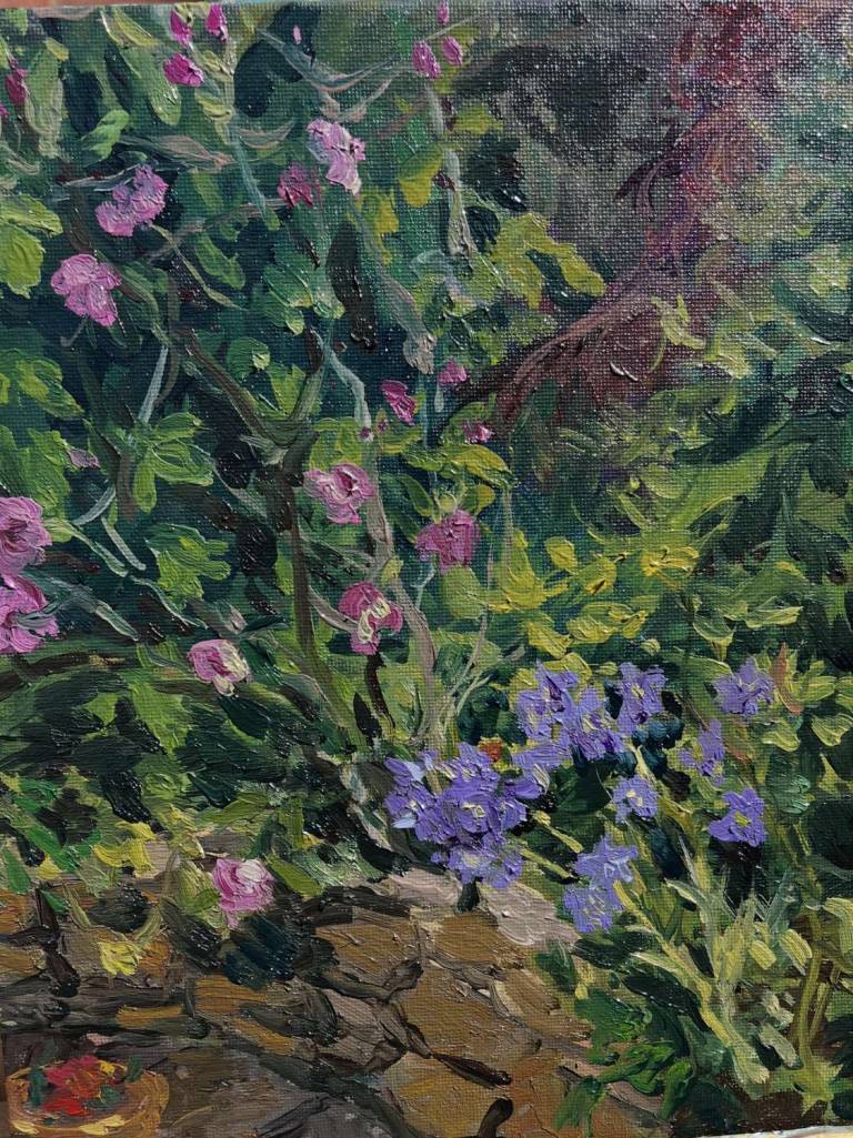Pink Roses and Purple Campanula - Sally Mole