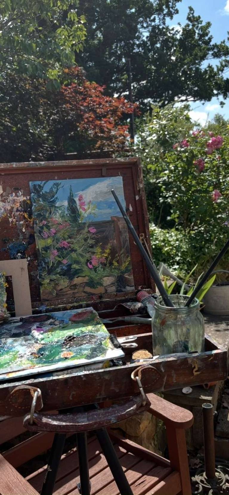 Sally’s palette and painting in her garden, Garden and flower pictures: - Sally