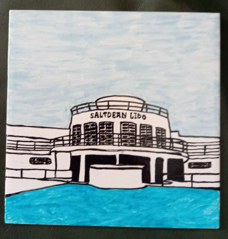 Hand painted ceramic pot stand - Saltdean Lido - Polly Farrell