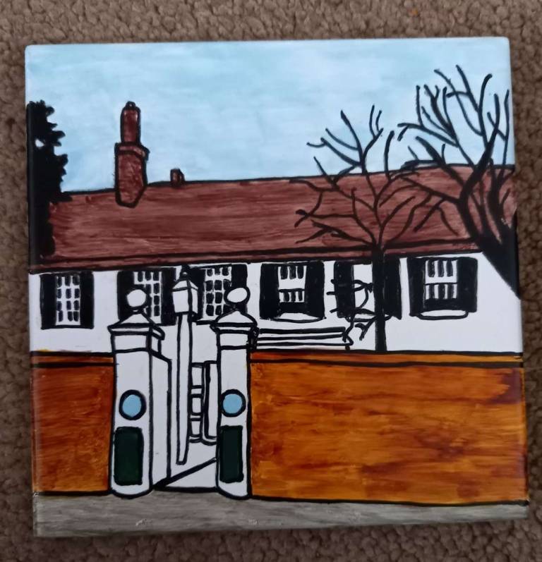 Hand painted ceramic pot stand - The Grange, Rottingdean - Polly Farrell