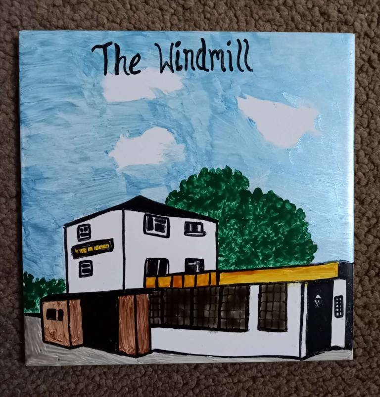 Hand painted ceramic pot stand - The Windmill Pub, Gossops Green, Crawley - Polly Farrell