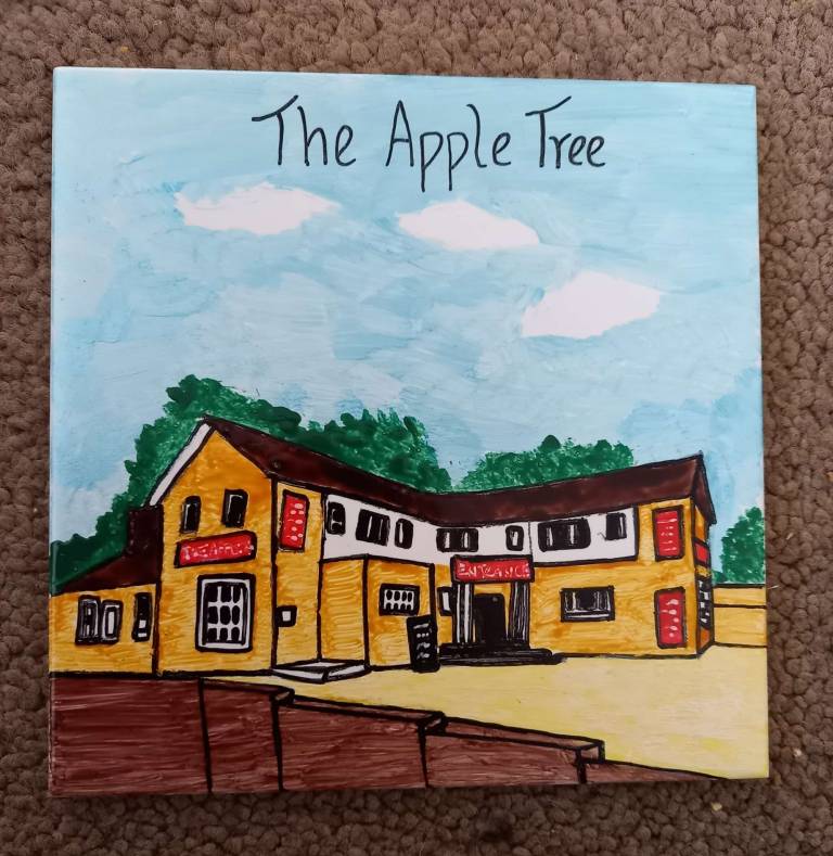 Hand painted ceramic pot stand - The Apple Tree Pub, West Green, Crawley - Polly Farrell