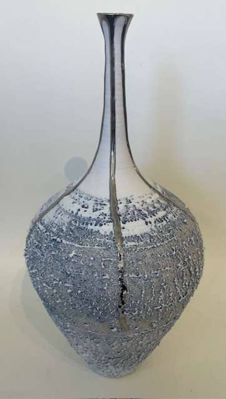 Alex McCarthy - Long neck textured vase with platinum lustre