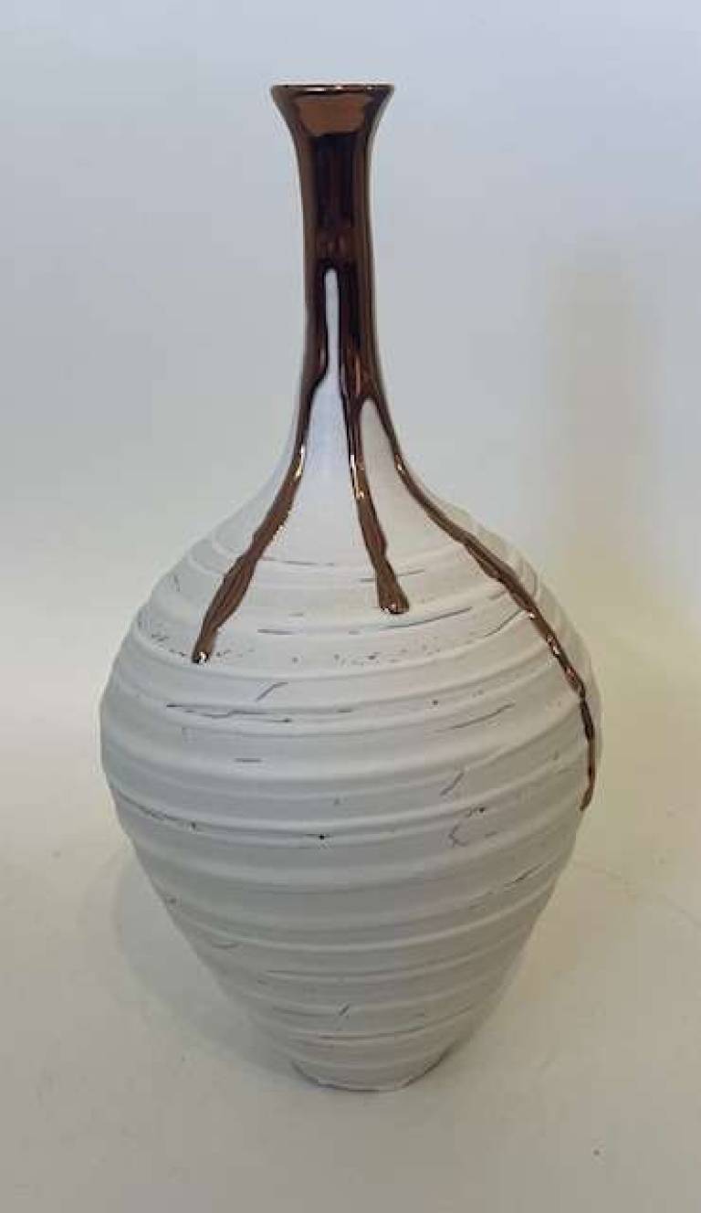 Crackle textured Long Neck vase with copper lustre - Alex McCarthy