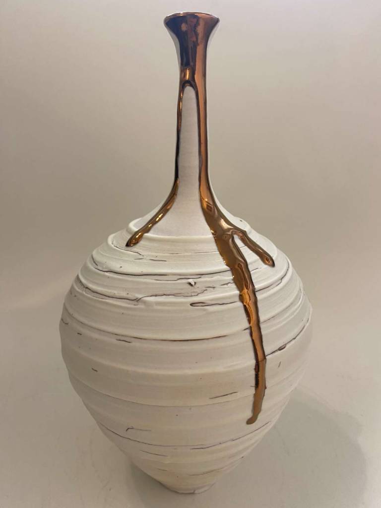 Crackle textured Long Necked vase with copper lustre - Alex McCarthy