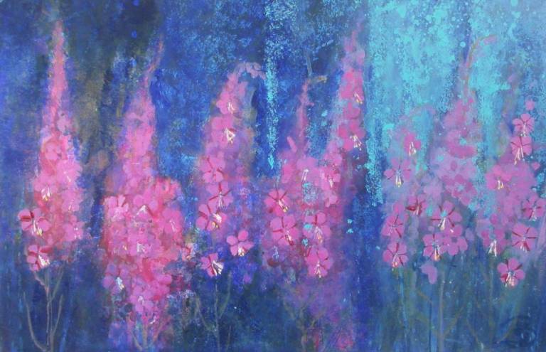 A Riot of Pink Flowers in Deep Blue and Turquoise - Sally Bassett