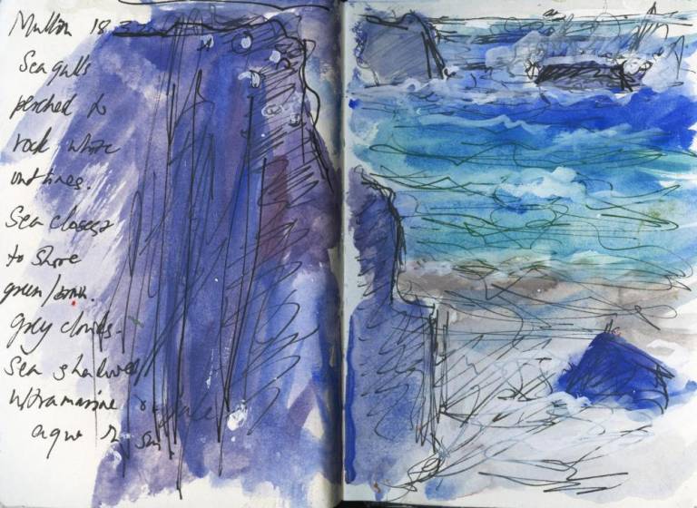 Seascaope sketch book. Huge rocks turquoise sea. Mullion, Lizard, Cornwall. - Sally Bassett