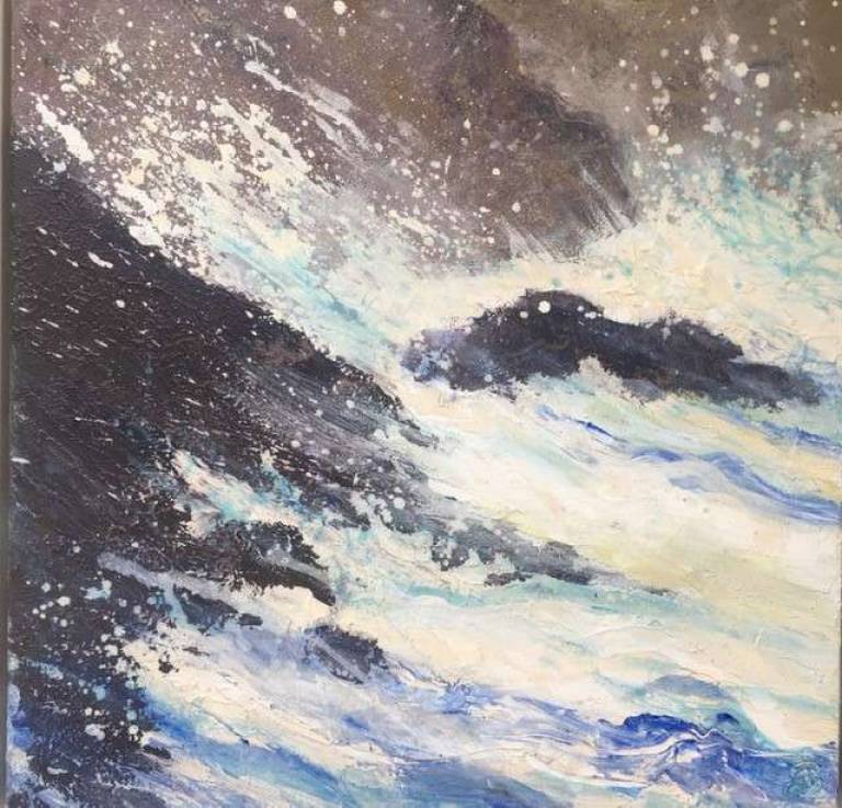 Evening Light and Spray on Dark Rocks - Sally Bassett