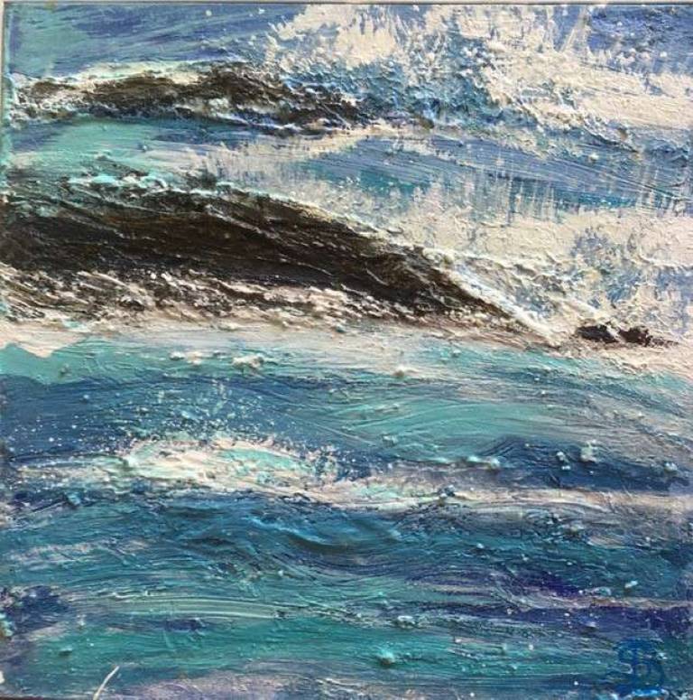 Bright Waves Breaking Over Dark Rocks - Sally Bassett