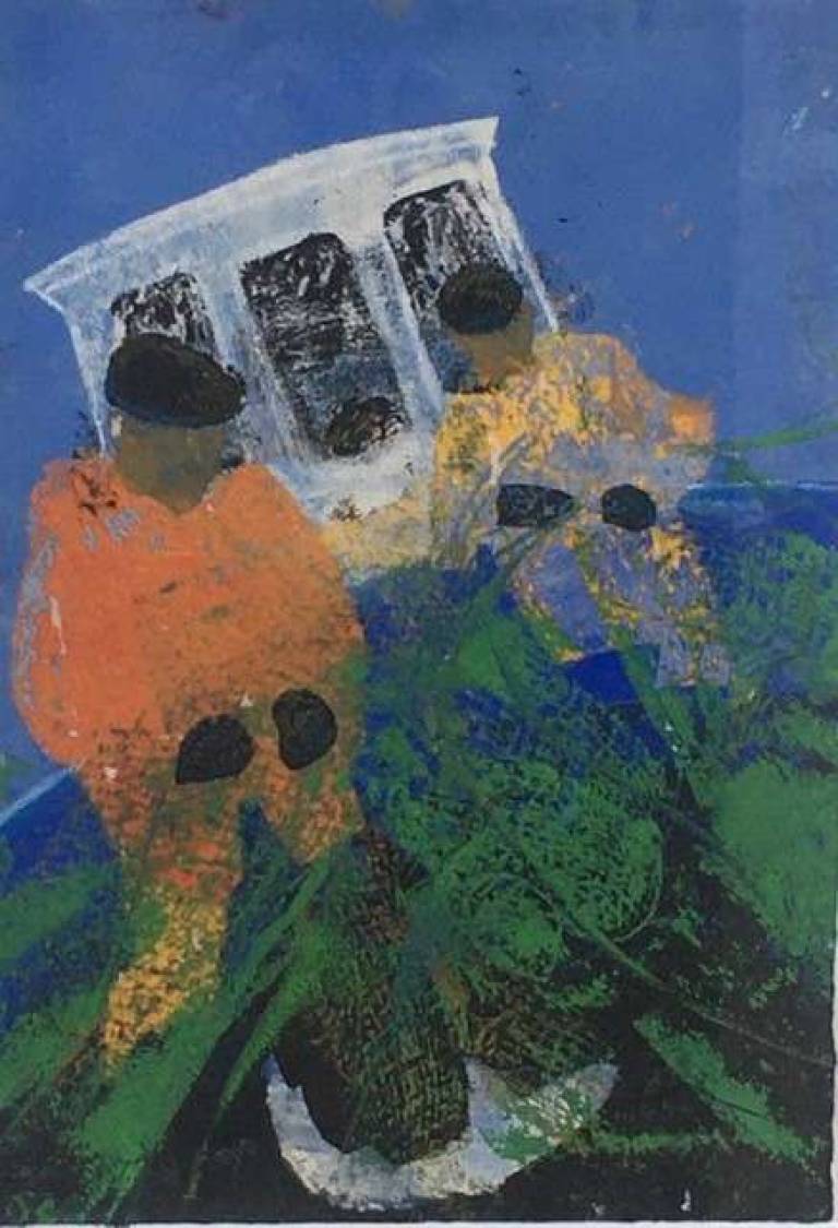 Bright Fishermen , Blue Boat and Green Nets. - Sally Bassett