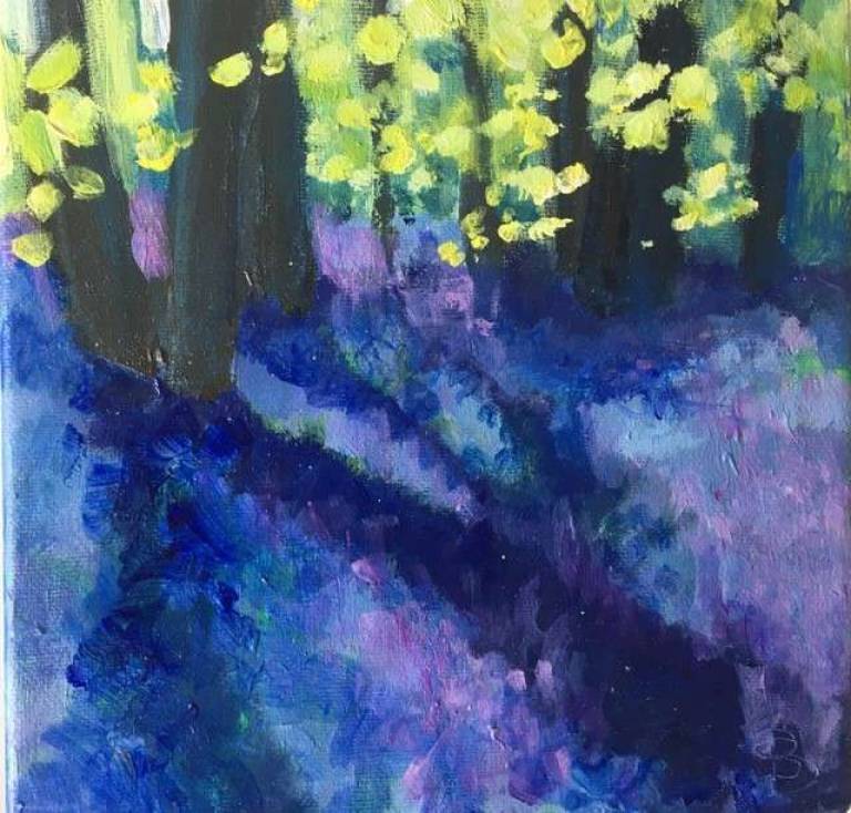Deep Shadow and bright Sun on Beech leaves and Bluebells - Sally Bassett