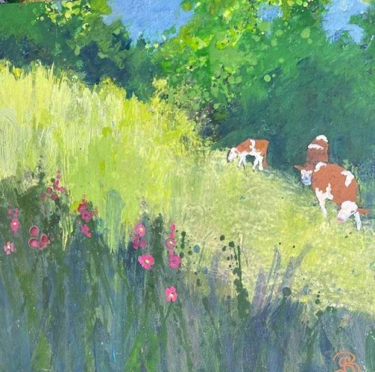 Pink Flowers, Lush Grass, Cows - Sally Bassett