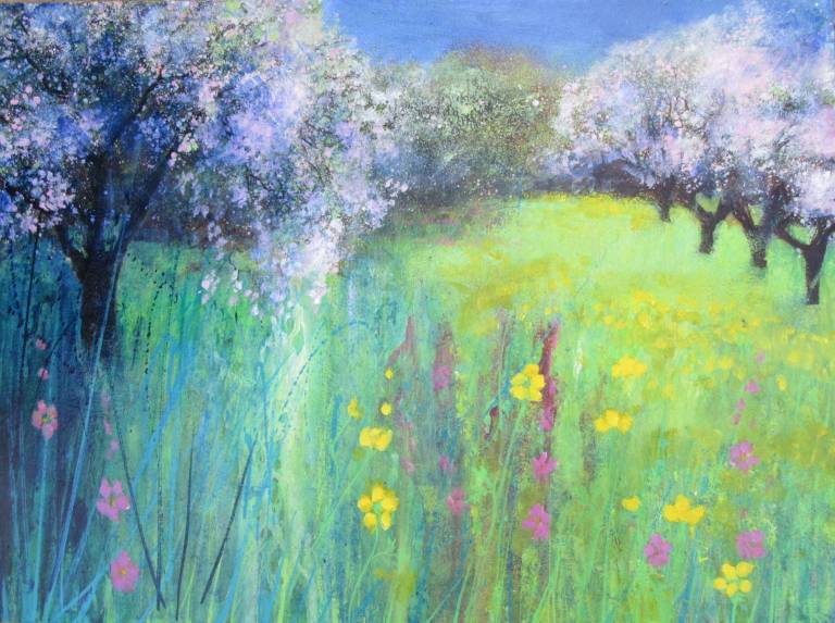 Bright Buttercups , and Pink Blossom in the Orchard - Sally Bassett