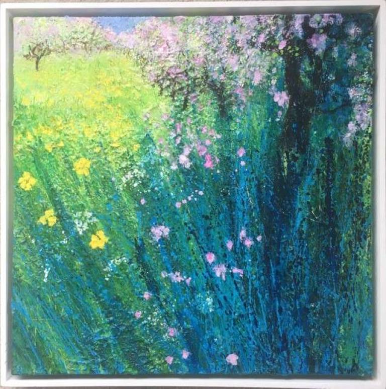 Bright Buttercups and Pink Blossom in the Orchard. - Sally Bassett