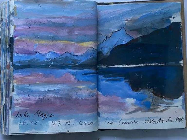 Pink Sky Reflections,., Mountains Afar. Sketch - Sally Bassett