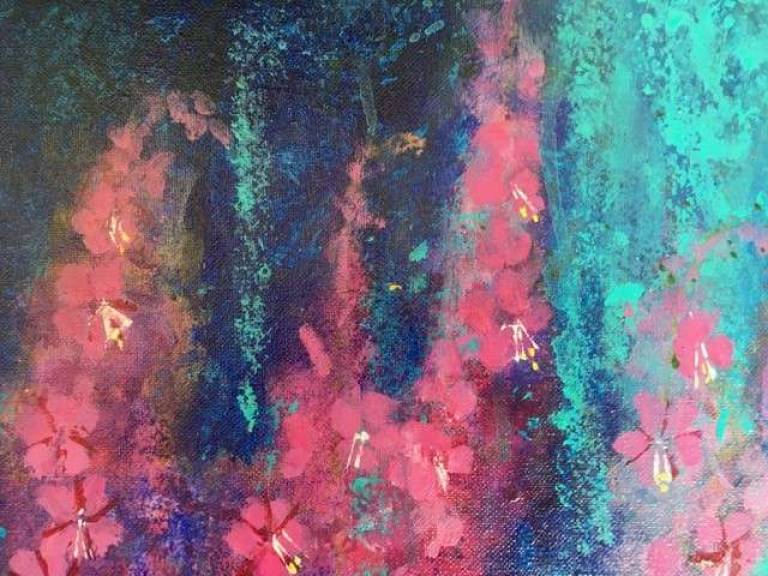 A Riot of Pink Flowers in Deep Blue and Turquoise - Sally Bassett