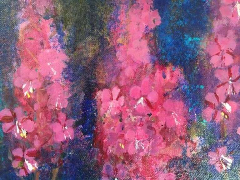 A Riot of Pink Flowers in Deep Blue and Turquoise - Sally Bassett