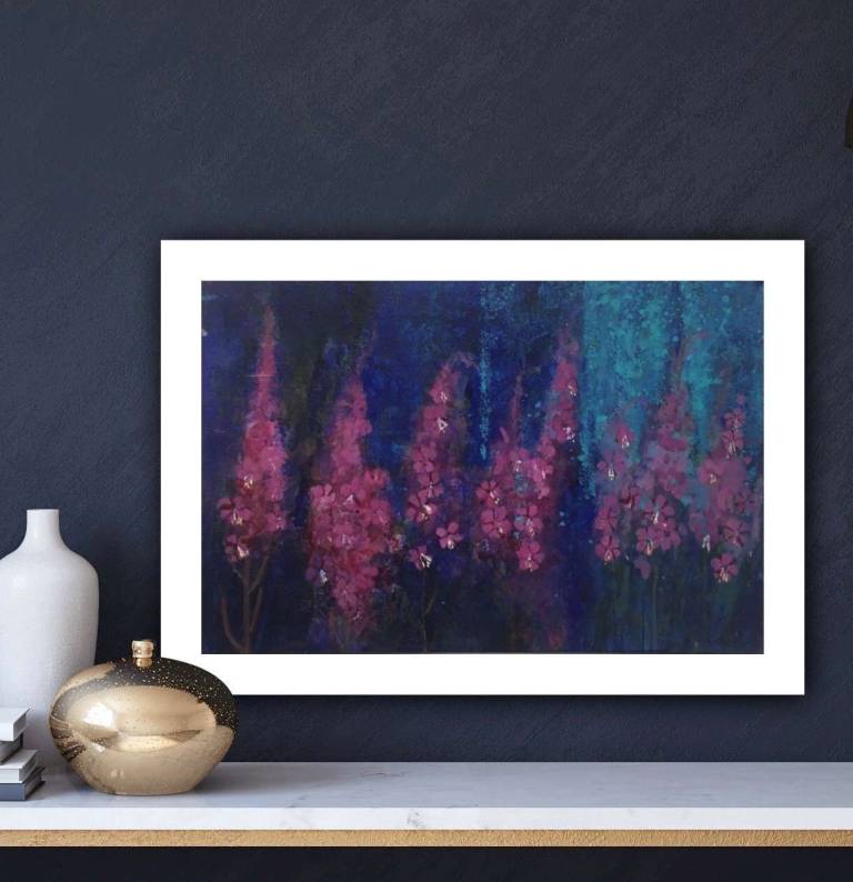 A Riot of Pink Flowers in Deep Blue and Turquoise - Sally Bassett