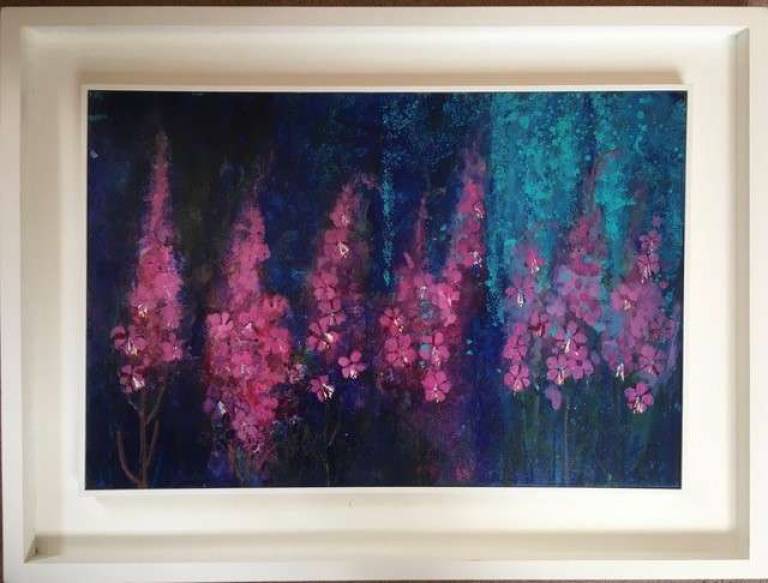 A Riot of Pink Flowers in Deep Blue and Turquoise - Sally Bassett