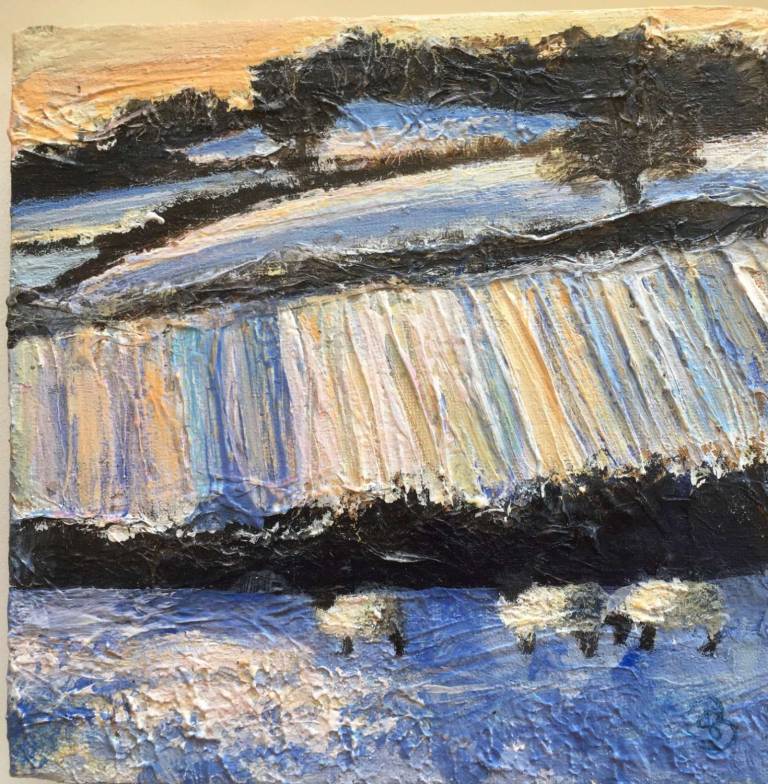 Pink Snow ridges, Blue Shadows, Three Sheep - Sally Bassett