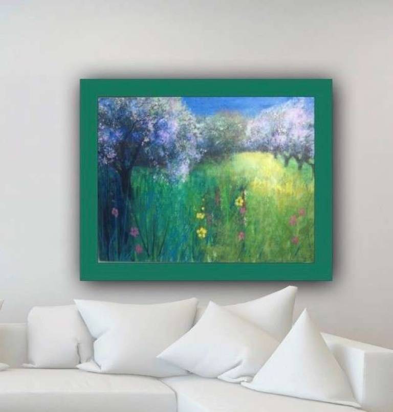Bright Buttercups , and Pink Blossom in the Orchard - Sally Bassett