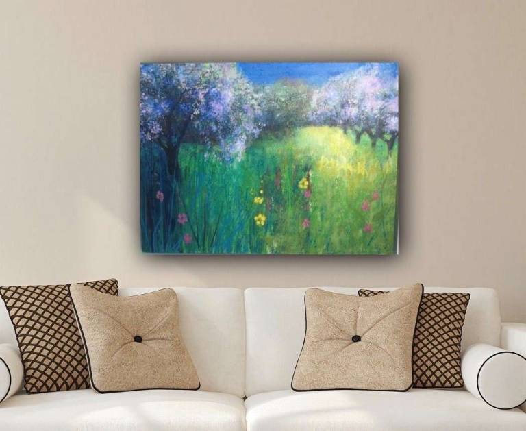 Bright Buttercups , and Pink Blossom in the Orchard - Sally Bassett