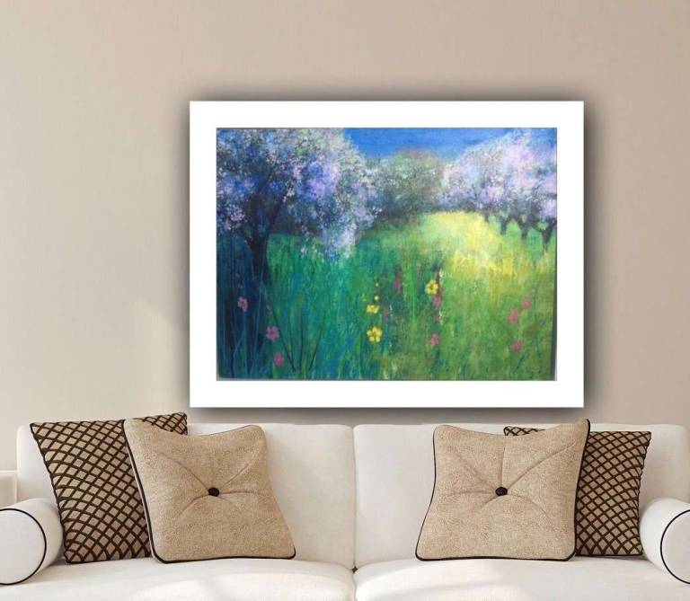 Bright Buttercups , and Pink Blossom in the Orchard - Sally Bassett