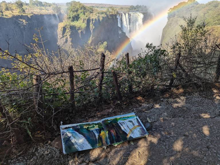 View of The Victoria Falls, Zimbabwe with a completed sketch of the falls - Neil Pittaway