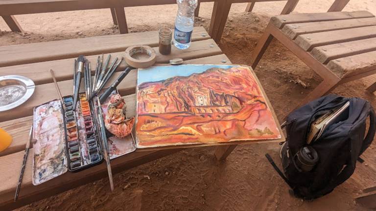 The Artists completed painting of The Royal Tombs at Petra, Jordan - Neil Pittaway