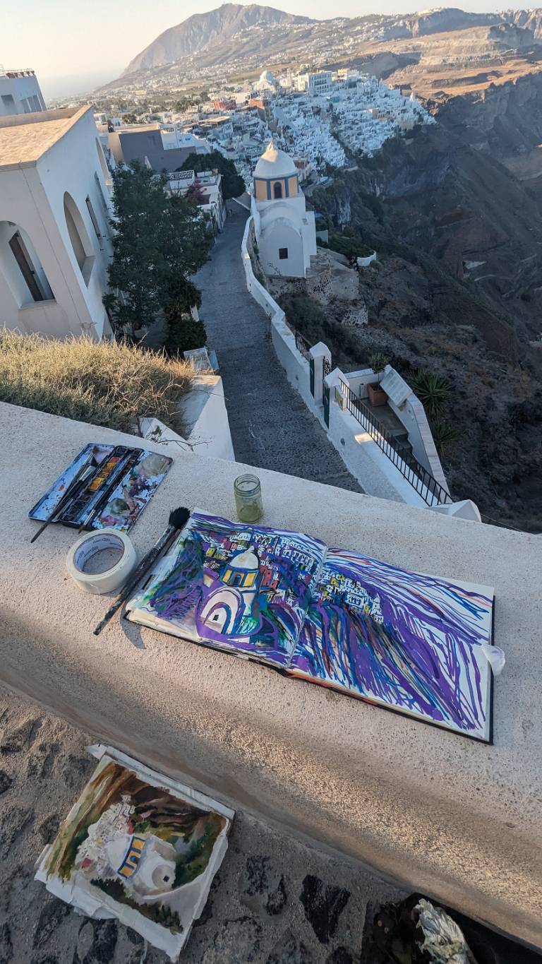 Drawing  in Situ of the Catholic Church of Saint Stylianos in Thira, Santorini, - Neil Pittaway