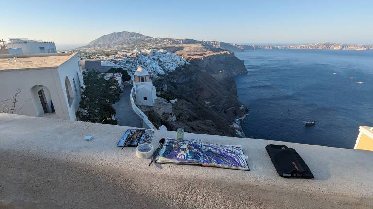 Panoramic view of the Artists drawing of Thira, Santorini, Greece - Neil Pittaway