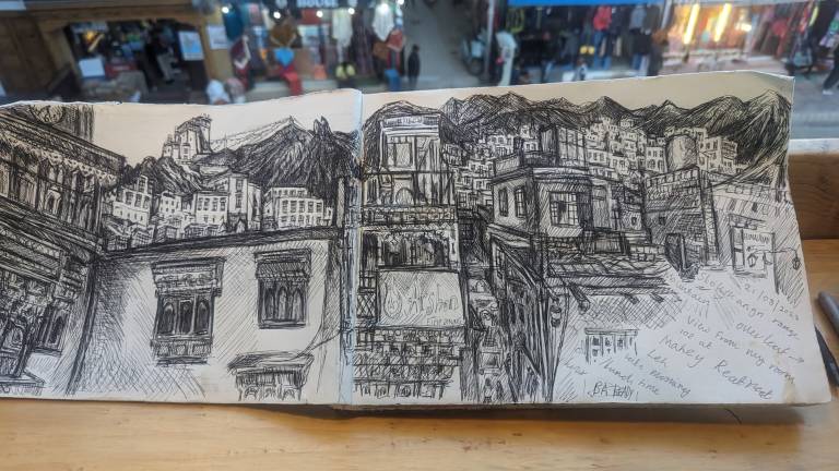 Sketch view of the city centre of Leh, Ladakh, India - Neil Pittaway