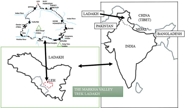Map of the Artists Travels in Ladakh on the Markha Valley Trek - Neil Pittaway