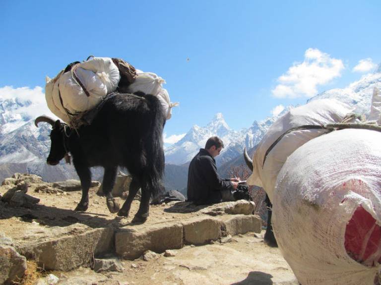 The Artist sketching on the trail to Tengboche, Everest region of Nepal - Neil Pittaway