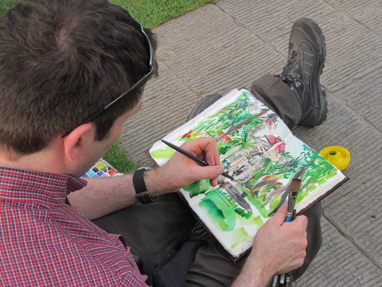 The Artist sketching in Katmandu in the Garden of Dreams, Nepal - Neil Pittaway