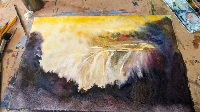 Finished Painting in the studio of the Victoria Falls at dusk, Zimbabwe - Neil Pittaway