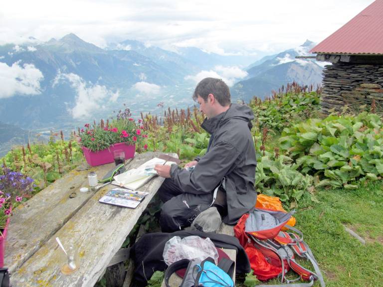 The Artist sketching in Switzerland on the Tour Du Mont Blanc Circuit - Neil Pittaway