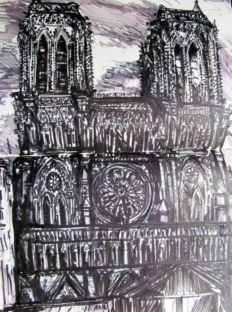 Sketchbook drawing of the facade of Notre Dame, Paris - Neil Pittaway