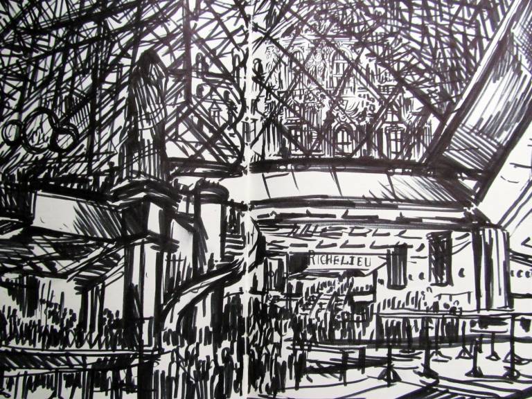 Sketchbook drawing of the main entrance to the Louvre, Paris - Neil Pittaway