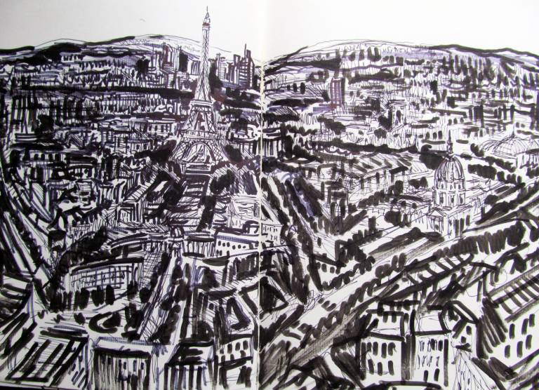 Sketchbook drawing view across Paris from Montparnasse - Neil Pittaway