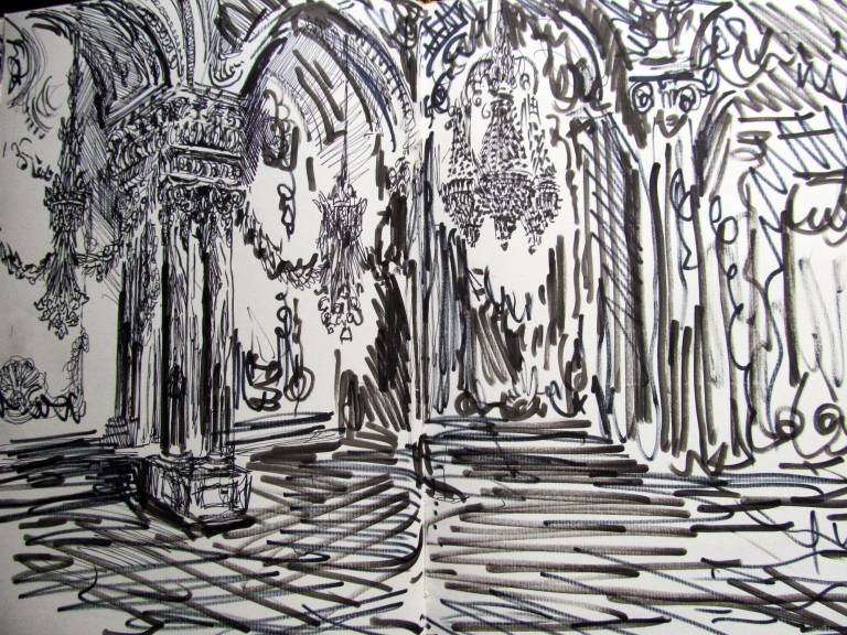 Sketchbook drawing of the ballroom in the Musee d'Orsay, Paris - Neil Pittaway