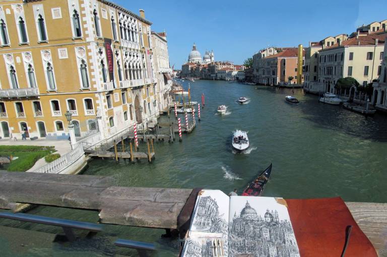 View of my drawing with the view from the Accademia Bridge, Vneice - Neil Pittaway