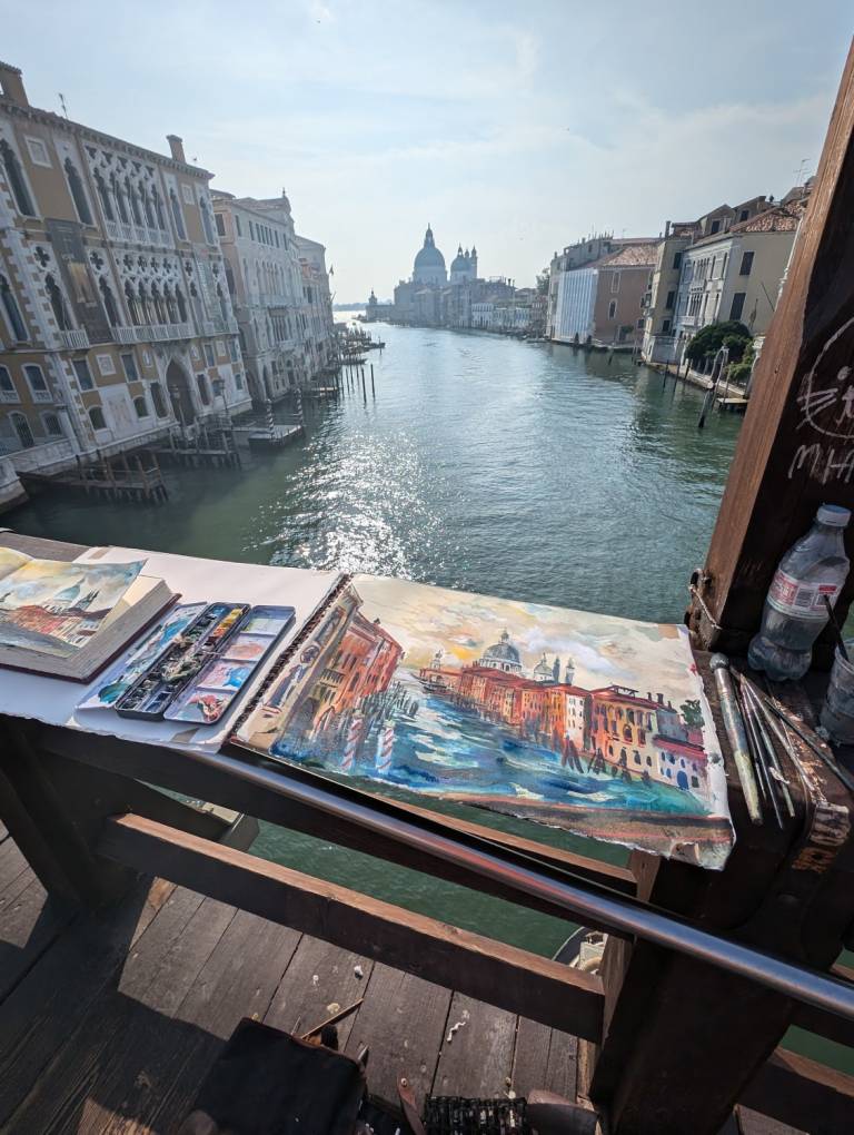 The Artists painting and view from the Accademia Bridge , Venice - Neil Pittaway