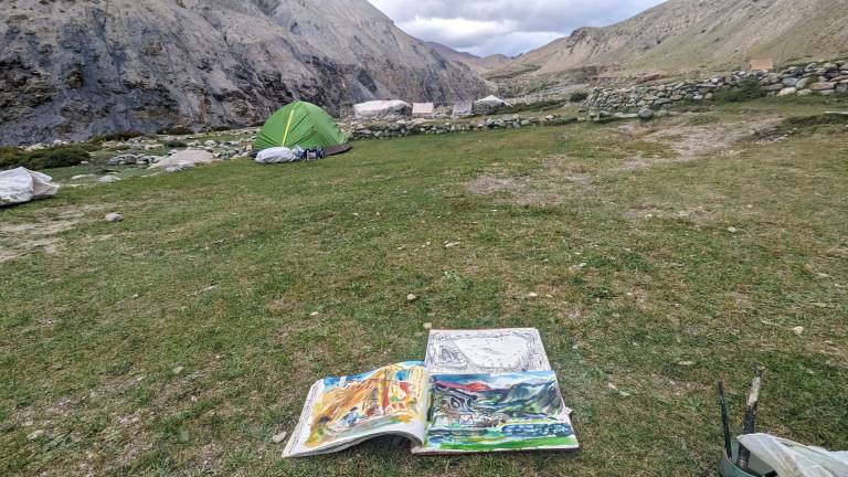 The Artist sketchbook in Location on the Markha Valley Trek, Ladakh, India - Neil Pittaway