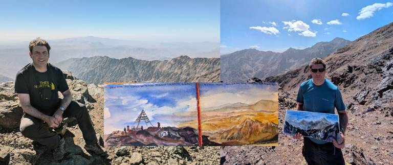 The Artist with his sketchbook near the summit of Mount Toubkal, Morocco - Neil Pittaway