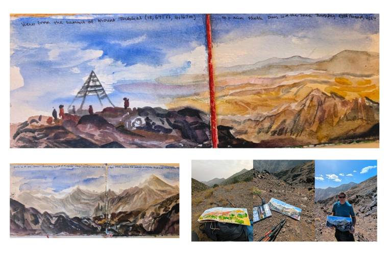 Pages from my Morrocco Toubkal sketchbook showing  views from the summit of Moun - Neil Pittaway