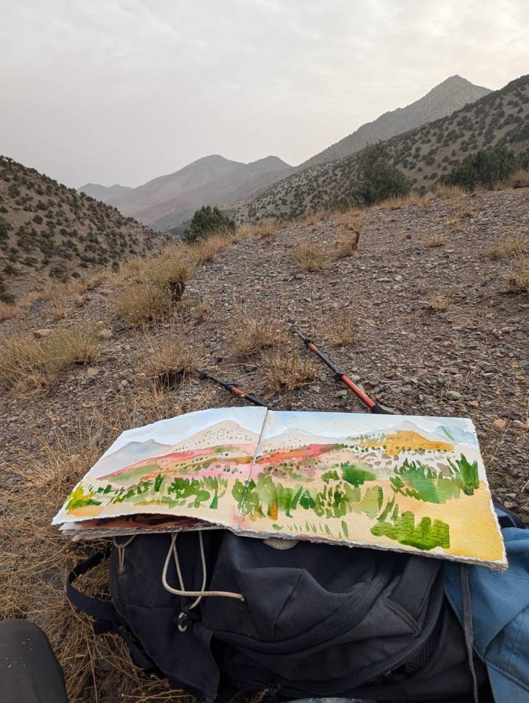 The Artists sketchbook in the  High Atlas mountains on the Mount Toubkal Trek, M - Neil Pittaway