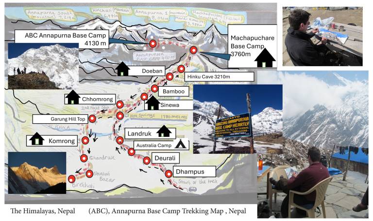 Map showing the ABC Annapurna Base Camp Trekking Route Map, Nepal - Neil Pittaway